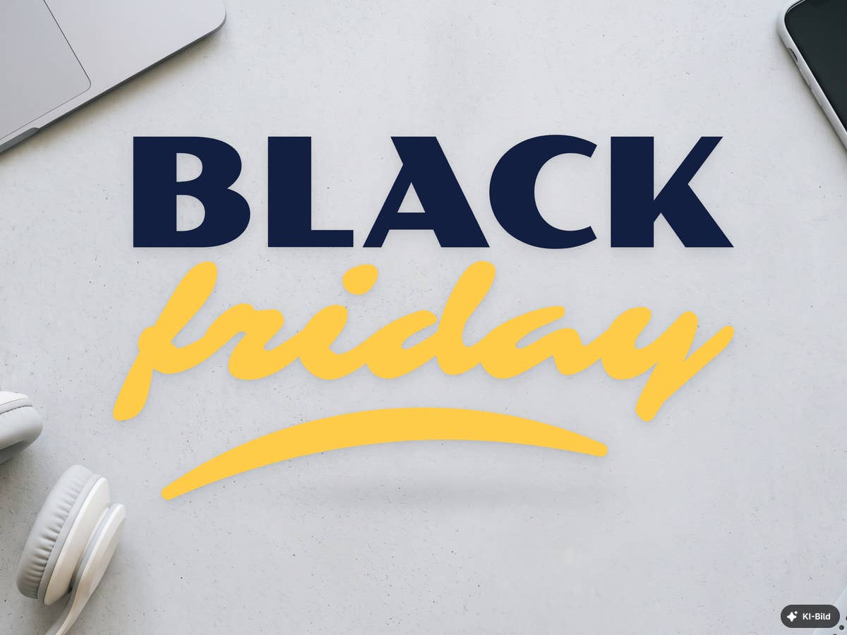 Black Friday 2026 Black Friday Schriftzug zental, drumherum verschiedene Technikgeräte
