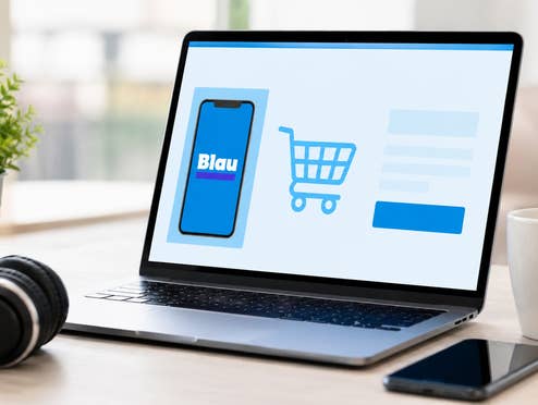 Ein Laptop mit einer angedeuteten Blau-Webseite