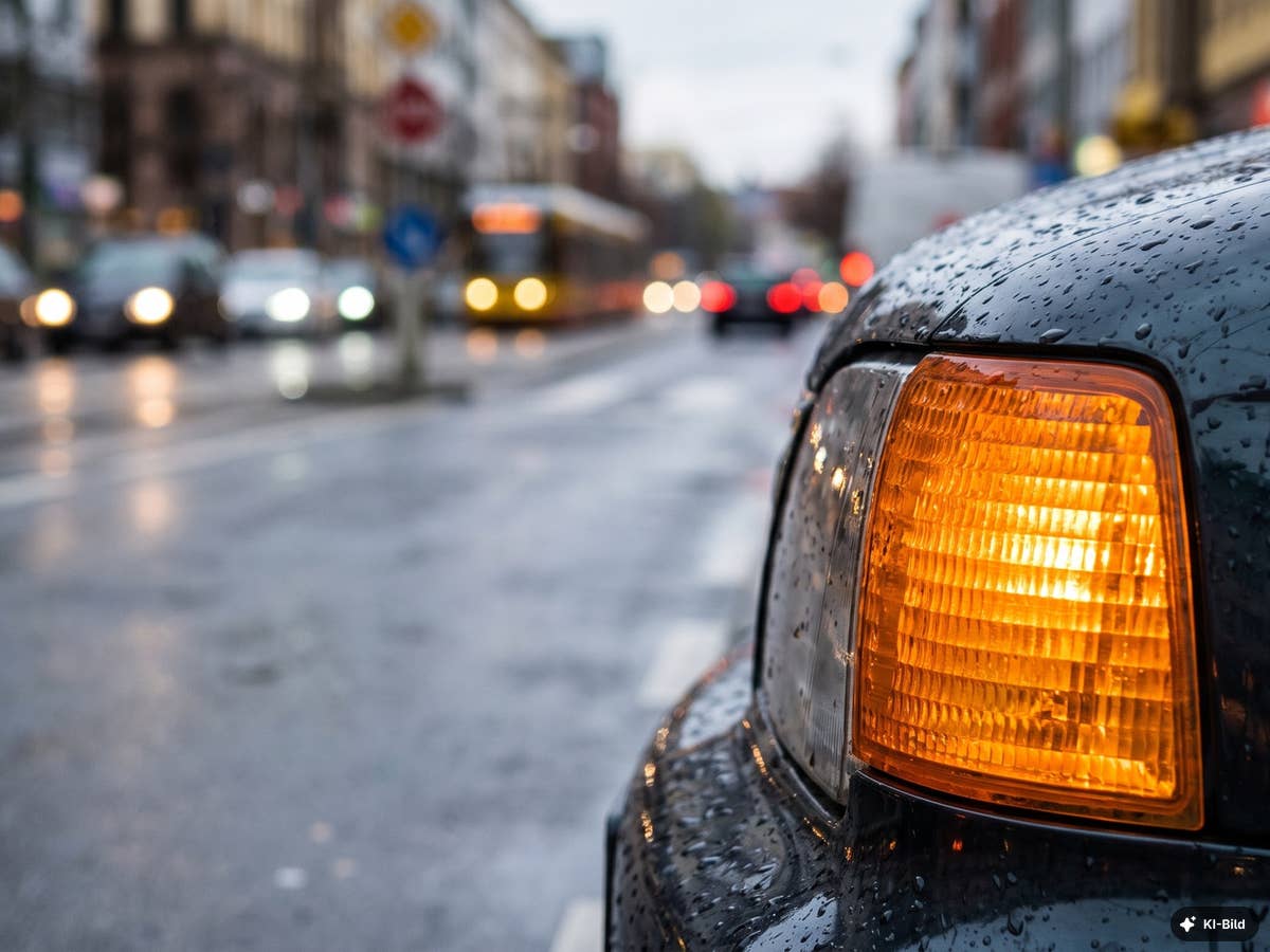 An dieser Kreuzung blinken selbst erfahrene Autofahrer falsch – Bußgeld droht Ein Auto steht an einer Kreuzung. Der Blinker leuchtet.