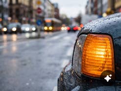 Ein Auto steht an einer Kreuzung. Der Blinker leuchtet.