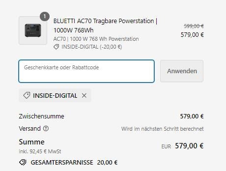 Powerstation BLUETTI AC70 im Online-Shop mit exklusivem inside digital Rabatt.