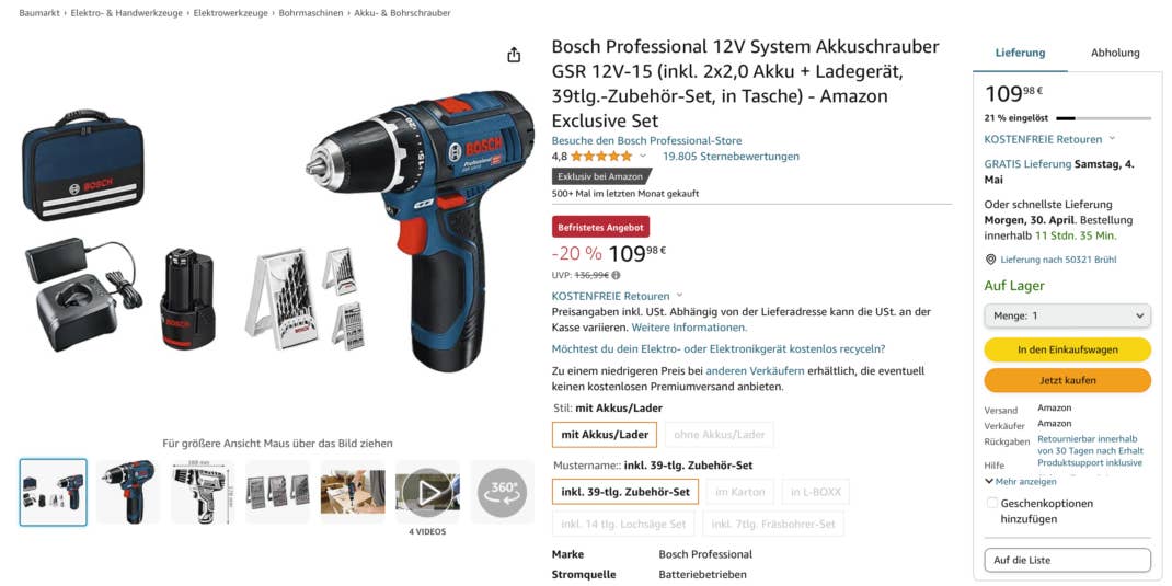 Bosch Akkuschrauber-Set bei Amazon
