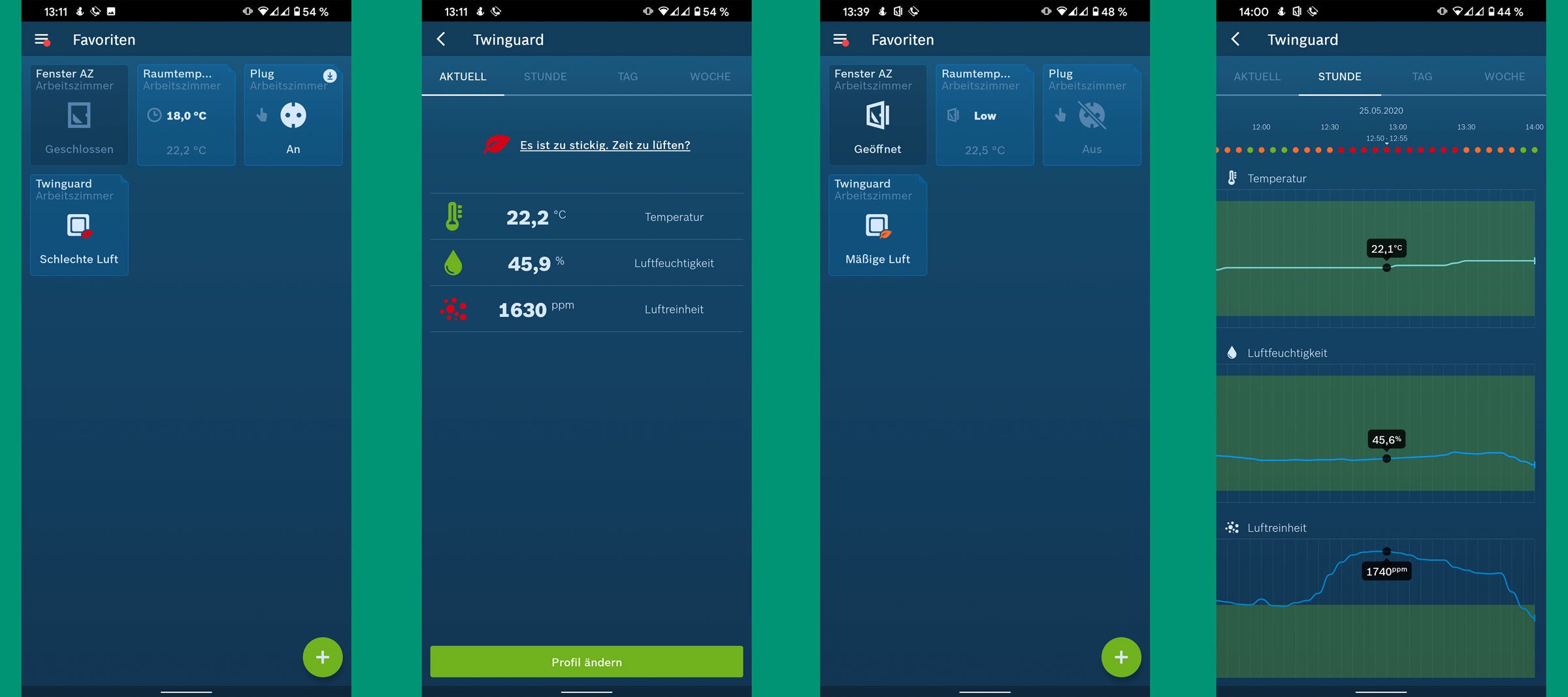Screenhots aus der Bosch-Smart Home App zum Twinguard.