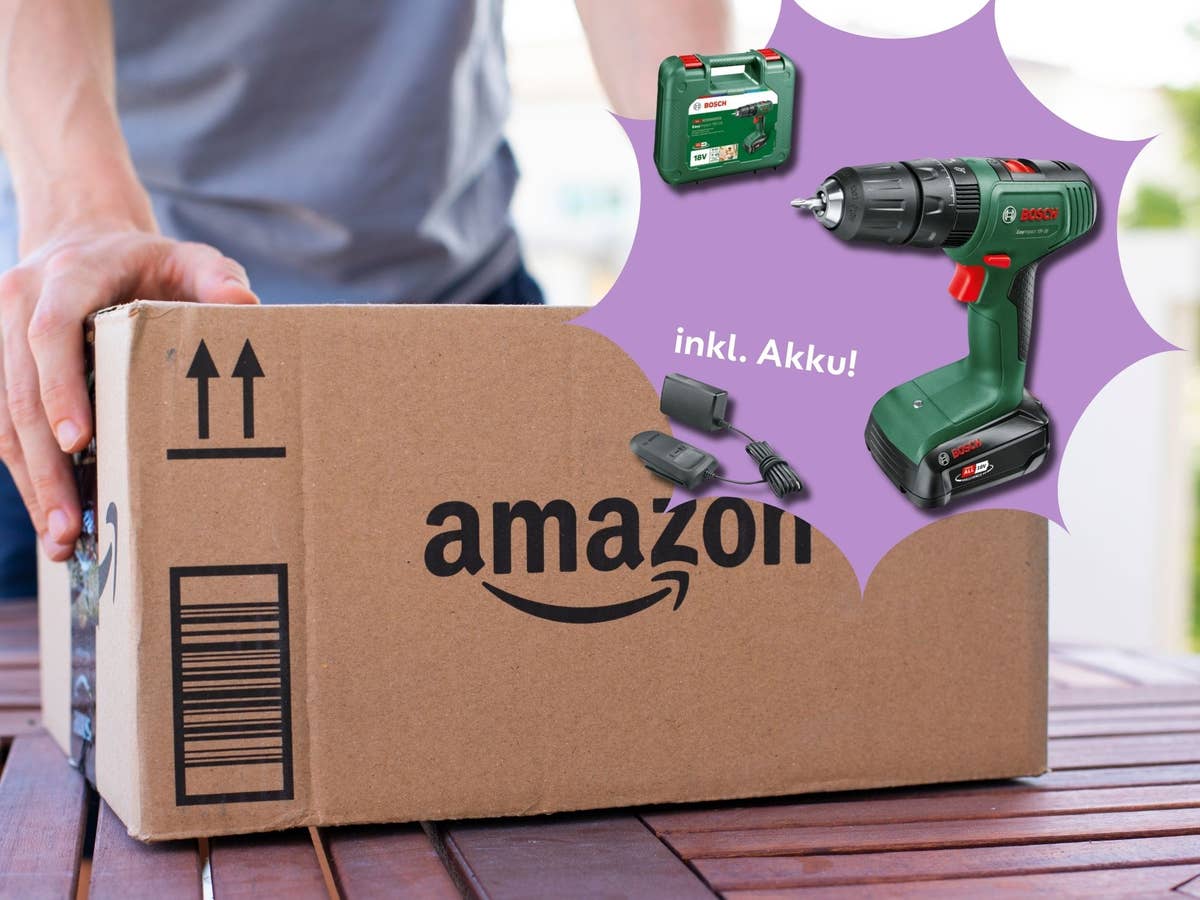 bosch-werkzeug-inklusive-akku-bei-amazon-für-unter-50-euro Amazon-Paket wird aufgehoben, daneben ein Bosch-Akkubohrer inklusive Akku
