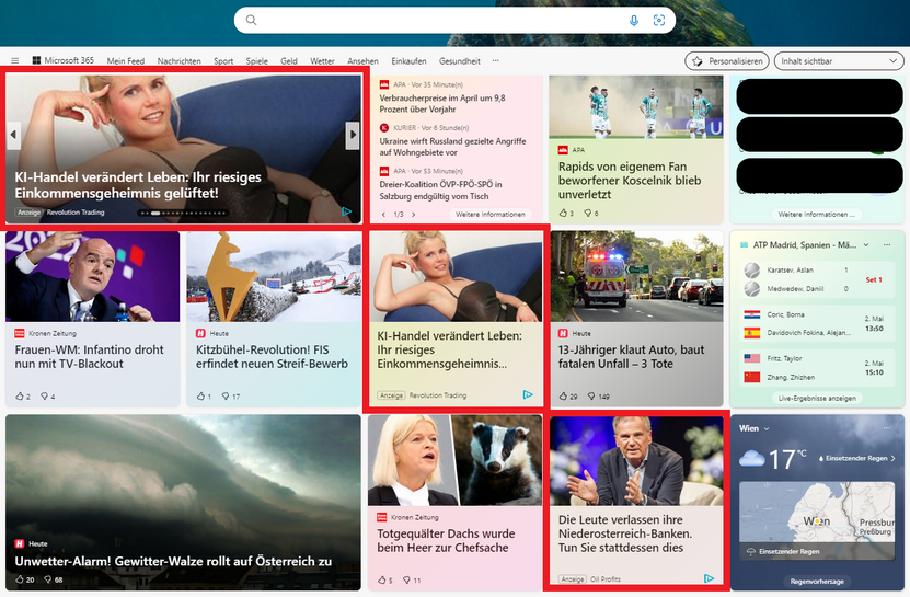 So sehen die betrügerischen Anzeigen im Edge Browser aus.