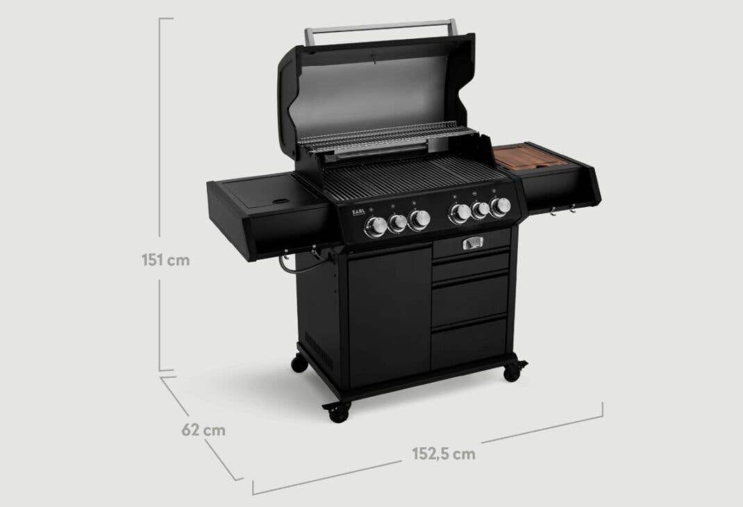 Der BURNHARD EARL Gasgrill in Schwarz mit angezeigten Maßen.