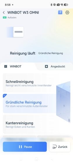 Das sind die Reinigungsmodi, die auch über die Station angewählt werden können. Screenshot aus ECOVACS App mit Reinigungsmodi des WINBOT W3 OMNI