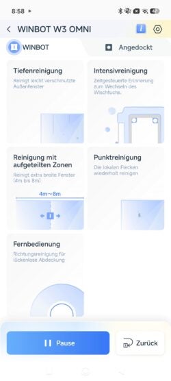 Das sind die weiteren Modi, auf die du nur über die App Zugriff erhälst. Screenshot aus ECOVACS App mit Reinigungsmodi des WINBOT W3 OMNI