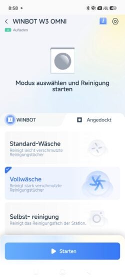 Ob über App oder die Station: Es gibt zwei Wasch-Modi und die Selbstreinigung zur Auswahl. Screenshot aus ECOVACS App mit Reinigungsmodi der Station des WINBOT W3 OMNI