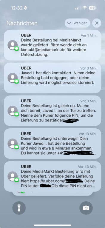 SMS-Chatverlauf mit dem Uber-Dienst bei einer MediaMarkt-Bestellung