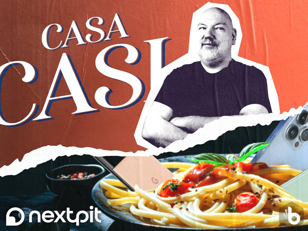 Casa-Casi-Logo, daneben Casi und im Vordergrund ein Teller mit Spaghetti und Smartphones