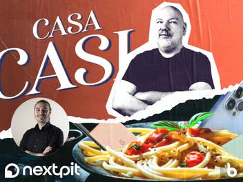 Casa-Casi-Logo, daneben Casi und im Vordergrund ein Teller mit Spaghetti und Smartphones. Links ein Porträt von Blasius.