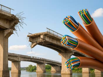 Im Hintergrund eine marode Brücke, vorne Glasfaser-Leitungen