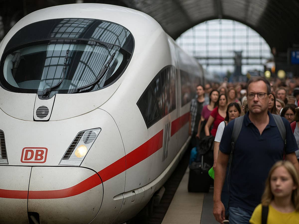 Ein ICE steht im Bahnhof, Fahrgäste laufen am Bahnsteig