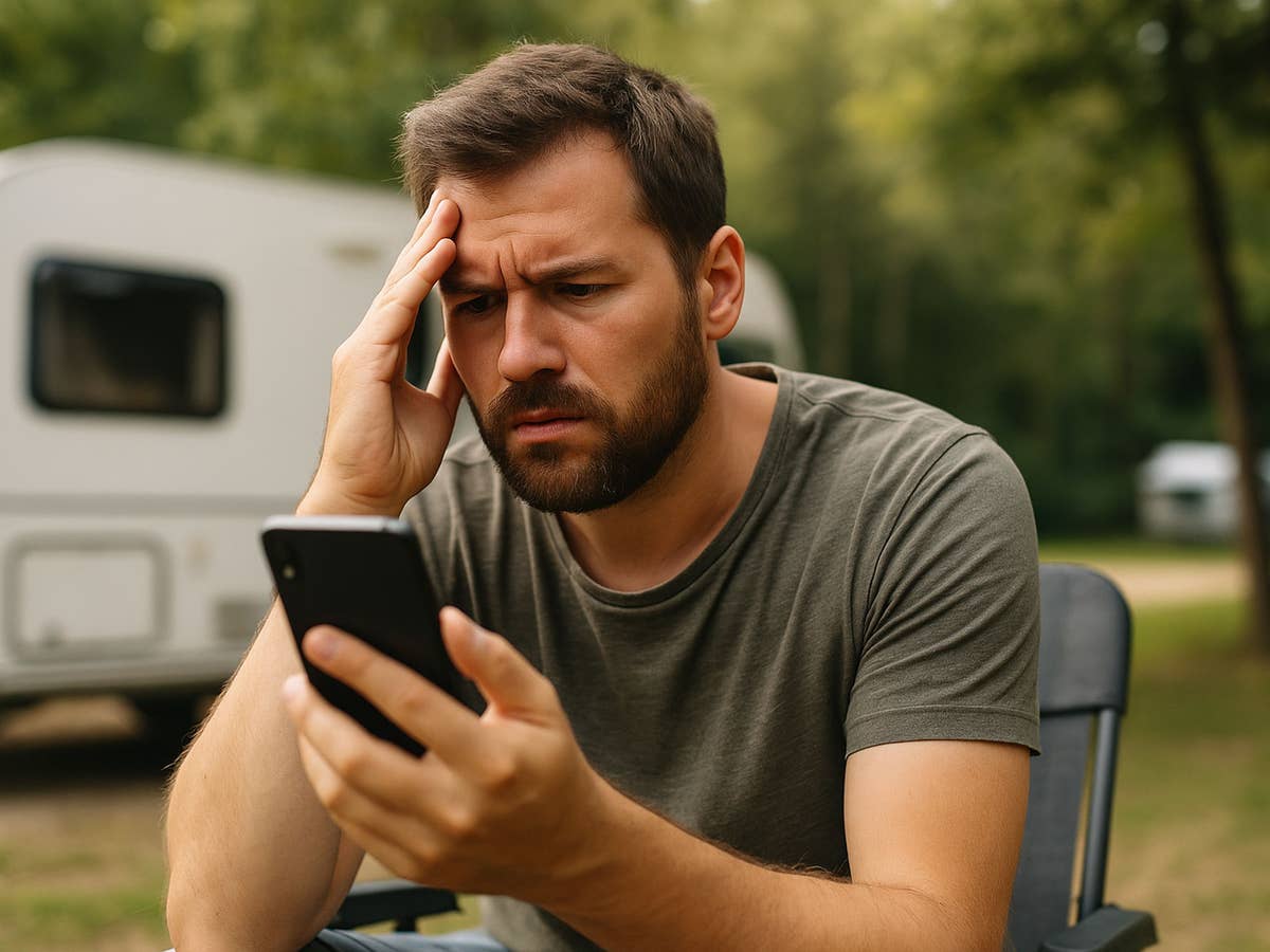 Ein Mann guckt genervt auf sein Handy, hinter ihm ein Wohnmobil