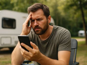 Ein Mann guckt genervt auf sein Handy, hinter ihm ein Wohnmobil