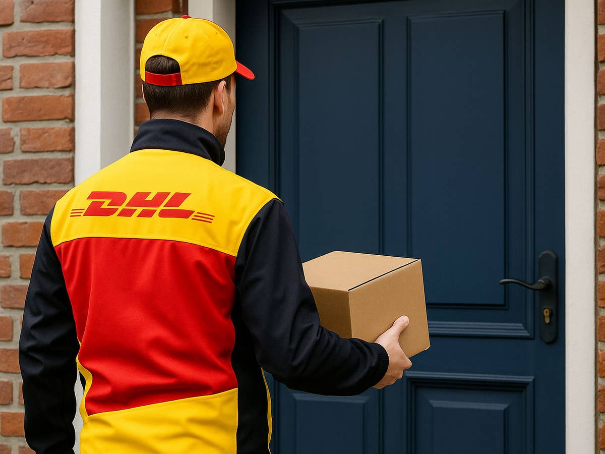 Ein DHL Zusteller steht mit einem Paket vor der geschlossenen Tür