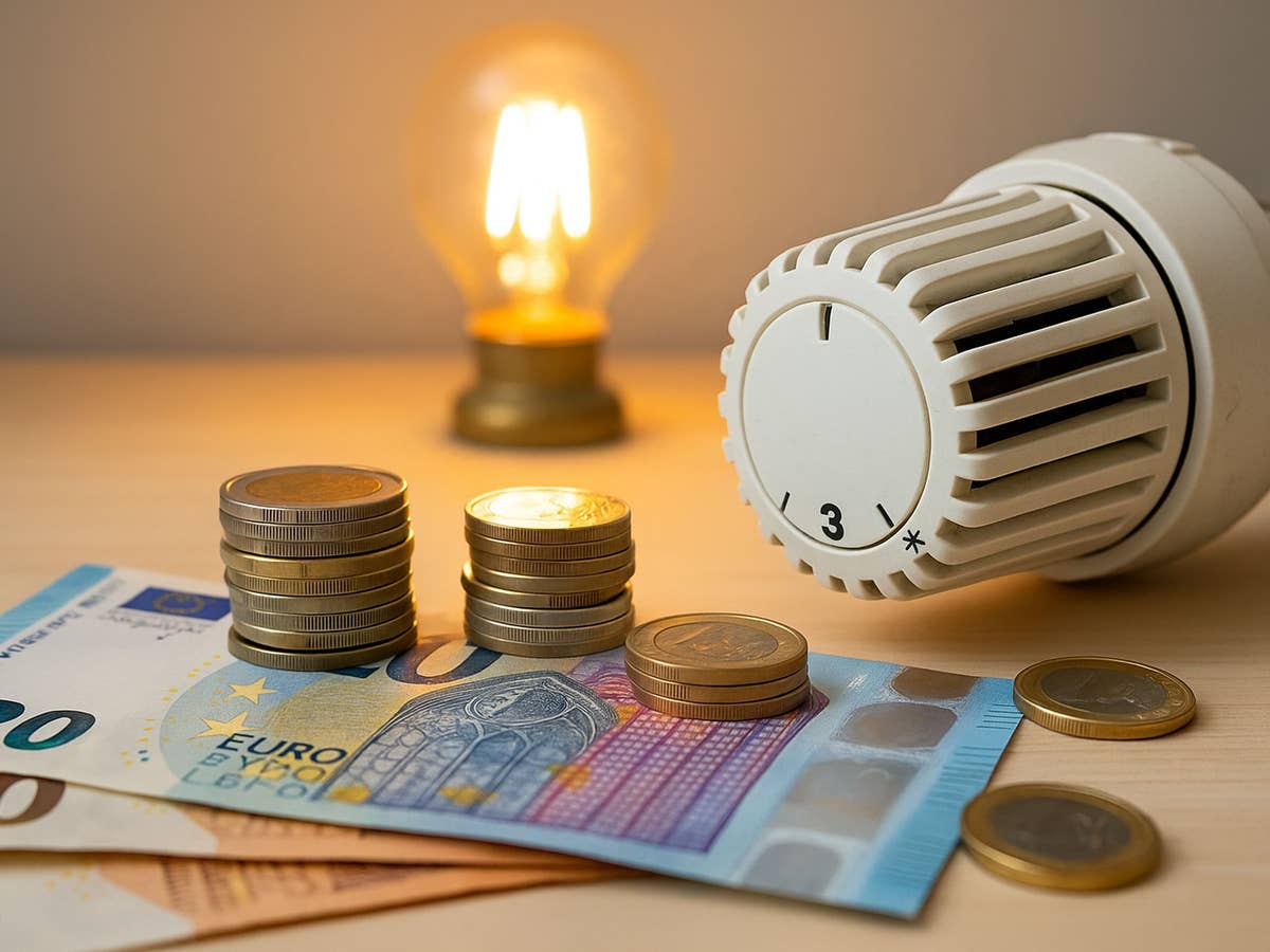 Geldscheine liegen auf einem Tisch, zusammen mit einem Heizungsthermostat und einer Glühbirne