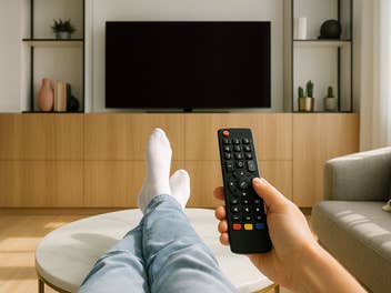 Ein Mensch liegt mit ein er Fernbedienung auf der Couch und schaltet einen Fernseher ein