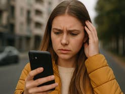 Eine Frau guckt erschrocken auf ihr Handy