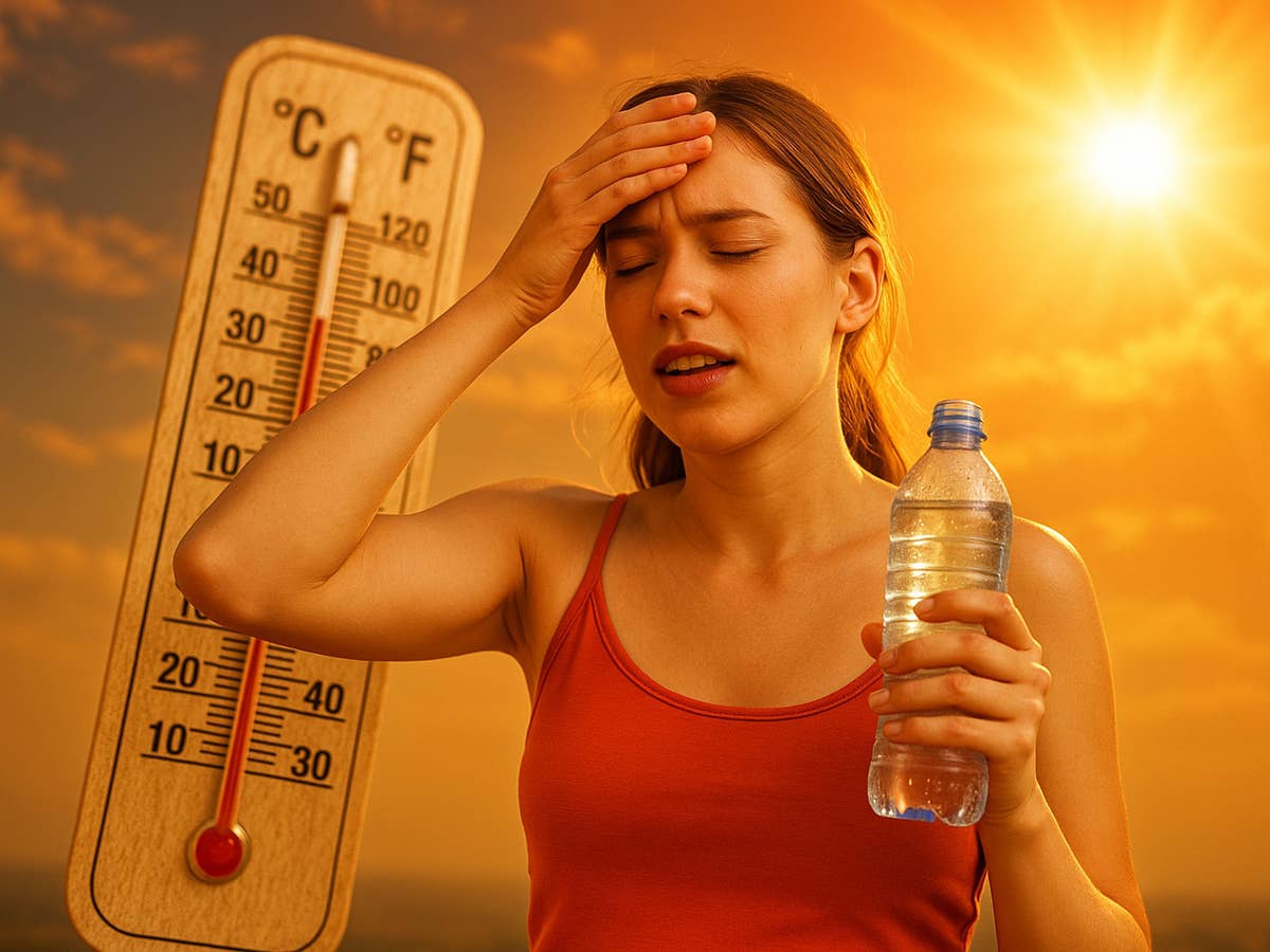 Eine Frau mit einer Flasche Wasser in der Hand, im Hintergrund Sonne und ein Thermometer mit 37 Grad