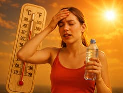 Eine Frau mit einer Flasche Wasser in der Hand, im Hintergrund Sonne und ein Thermometer mit 37 Grad
