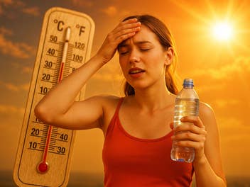 Eine Frau mit einer Flasche Wasser in der Hand, im Hintergrund Sonne und ein Thermometer mit 37 Grad