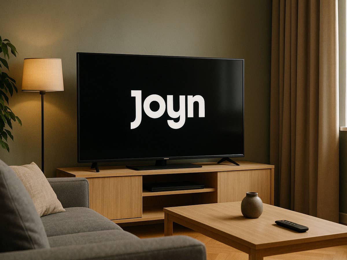Ein TV in einem Wohnzimmer, darauf zu sehen das Joyn Logo