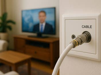 Eine Kabeldose in einem Wohnzimmer, im Hintergrund ist ein TV zu sehen
