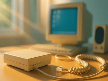 Ein alter PC steht auf einem Tisch, im Vordergrund ein Modem