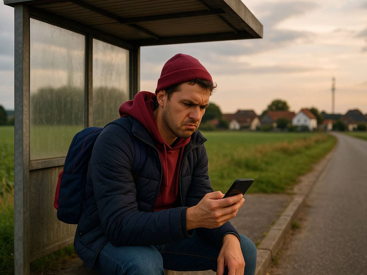 Ein Mann sitzt an einer Bushaltestelle auf dem Land und schaut verärgert auf sein Handy