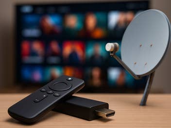 Im Hintergrund ein Fernseher, im Vordergrund ein Streamingstick und eine Sat-Schüssel
