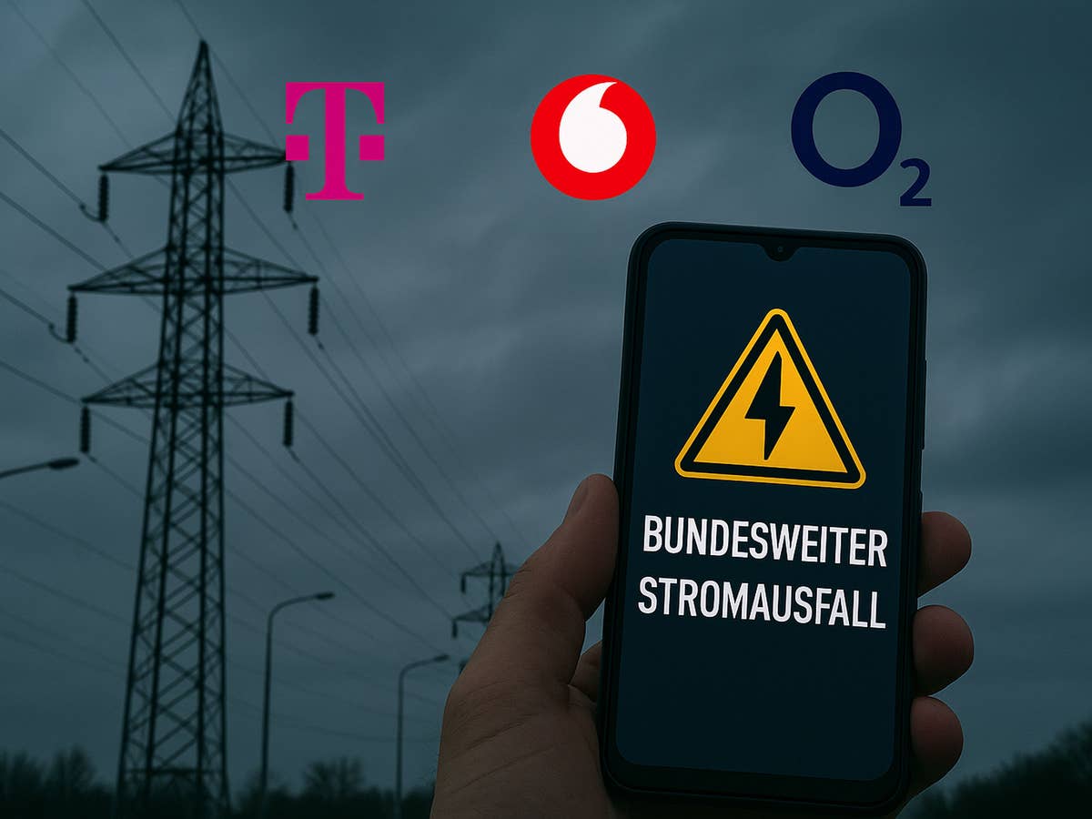 Ein Strommast, ein Handy, ausgeschaltete Straßenlaternen in der Dunkelheit und die Logos der Mobilfunknetzbetreiber