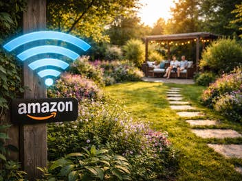 Ein Garten mit einem WLAN-Symbol und einem Amazon-Logo