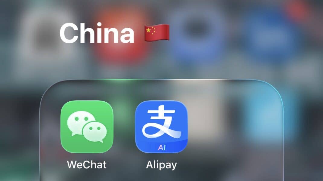 Ein Smartphone-Ordner mit der Bezeichnung "China" zeigt die App-Icons von WeChat und Alipay.