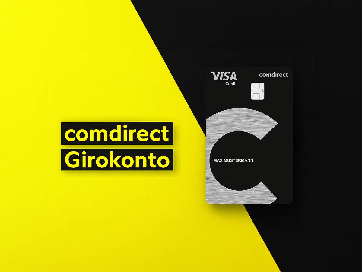 Visa-Debitkarte der comdirect vor schwarz-gelben-Hintergrund. Links daneben der Schriftzug comdirect Girokonto