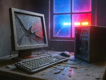 Kaputter Computer mit Blaulicht im Hintergrund