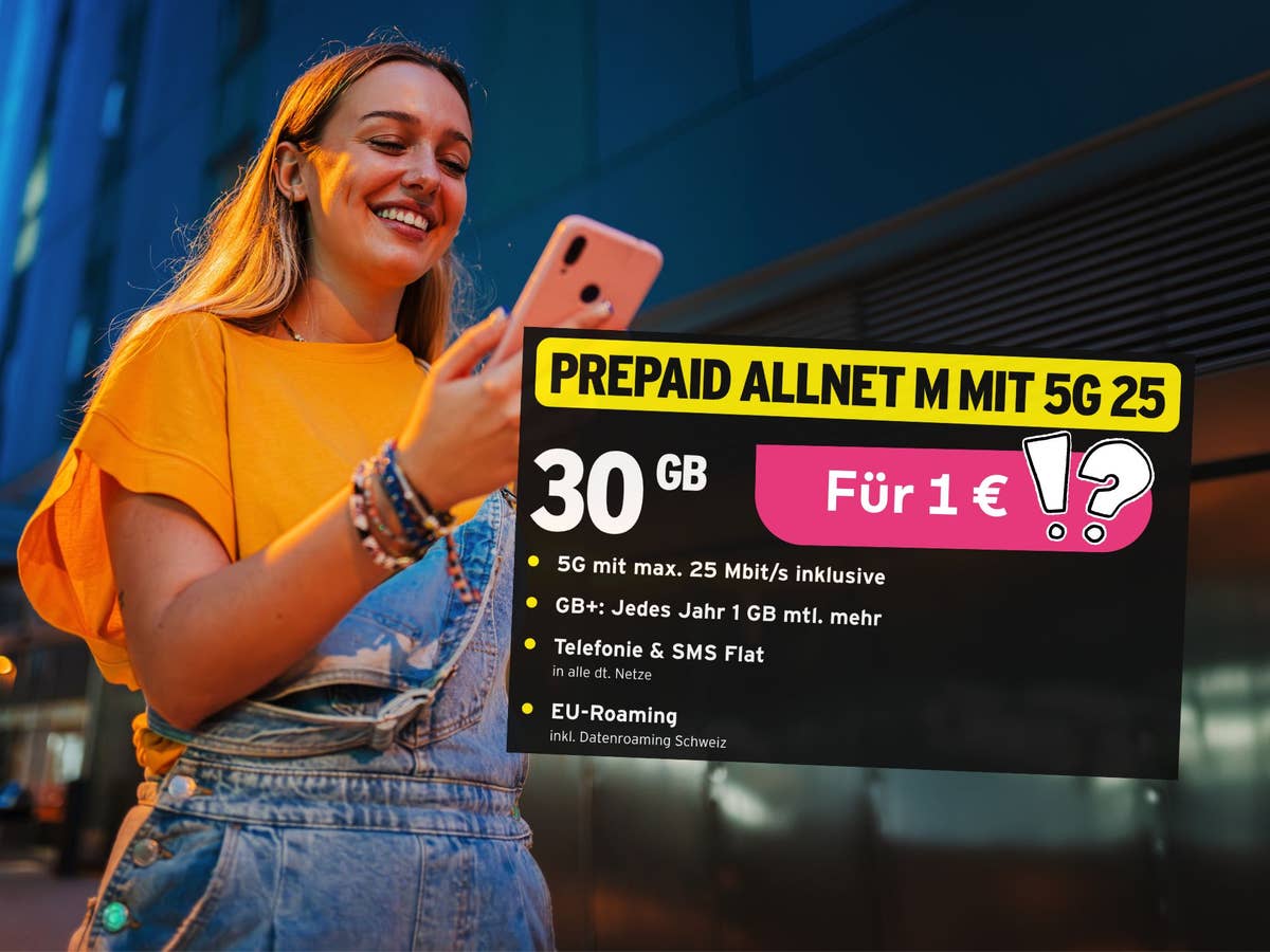 Im Huntergrund: Frau geht am Abend durch die Stadt. Vorne: Ein aktuelles congstar Tarif-Angebot als Screenshot