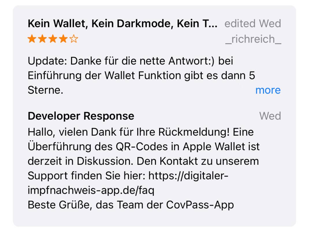 Die Entwickler der CovPass-App sagen, dass eine Integration mit der Wallet-App derzeit diskutiert wird.