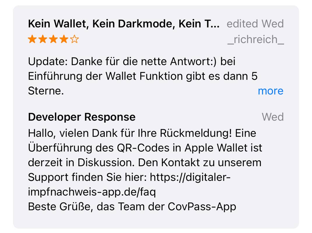 Die Entwickler der CovPass-App sagen, dass eine Integration mit der Wallet-App derzeit diskutiert wird.