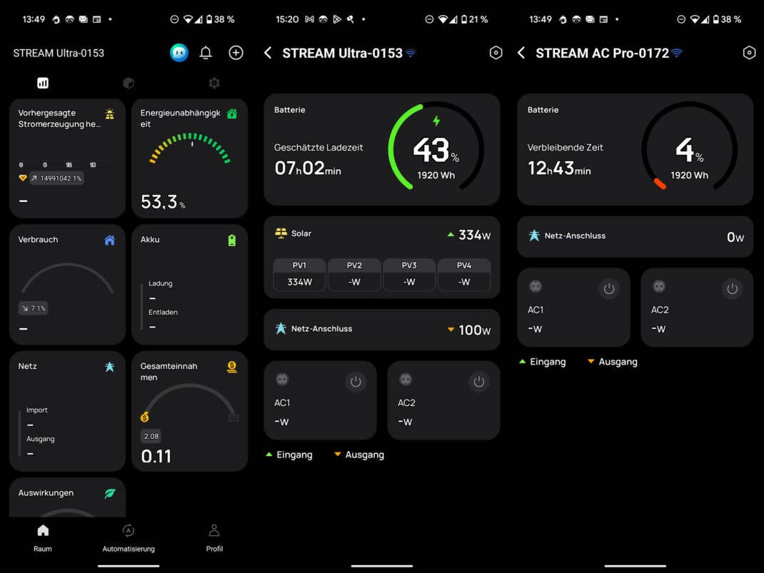 Screenshots der Ecoflow App Geräteansichten