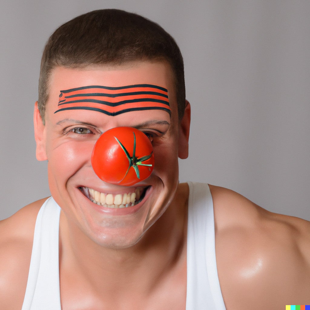 Dall-e 2 happy bodybuilder with tomato as a nose