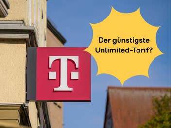 Telekom-Logo auf einem Schild, daneben der Hinweis auf einen neuen Unlimited-Tarif