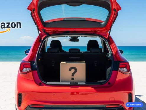 Rotes Auto steht an einem Strand, im offenen Kofferraum ein Paket mit einem Fragezeichen drauf, KI-generiert