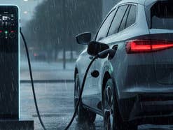 E-Auto im Regen an einer Ladesäule.