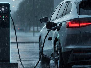 E-Auto im Regen an einer Ladesäule.