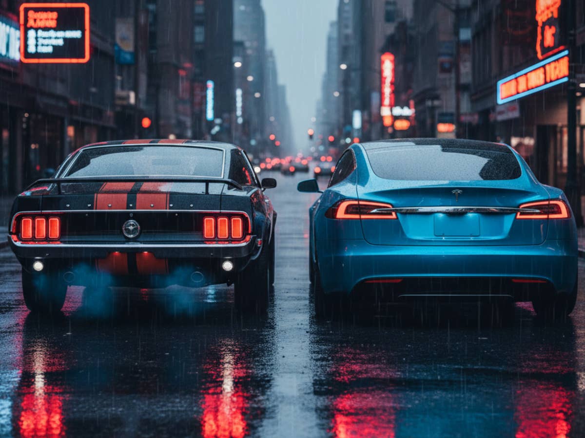 Das E-Auto schlägt alles: Verbrenner brutal abgestraft Verbrenner neben E-Auto in einer Großstadt.