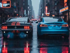 Verbrenner neben E-Auto in einer Großstadt.