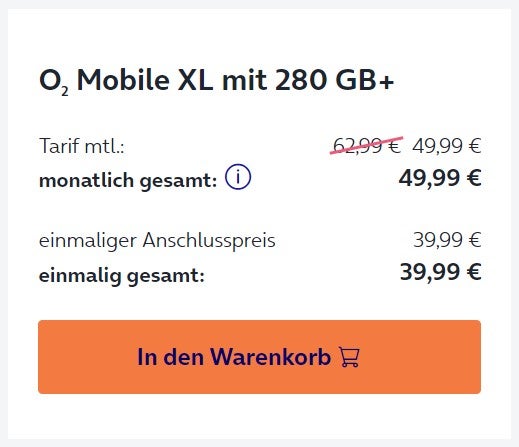 Das kostet der Tarif einzeln normalerweise bei O2 selbst