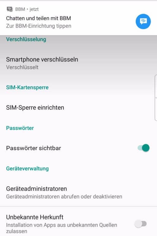 Das Menü des BlackBerry KEYone